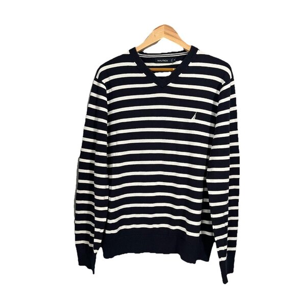 Nautica V Neck Lightweight Knit Sweater Men Size Medium Navy White Striped Logo - Picture 1 of 5